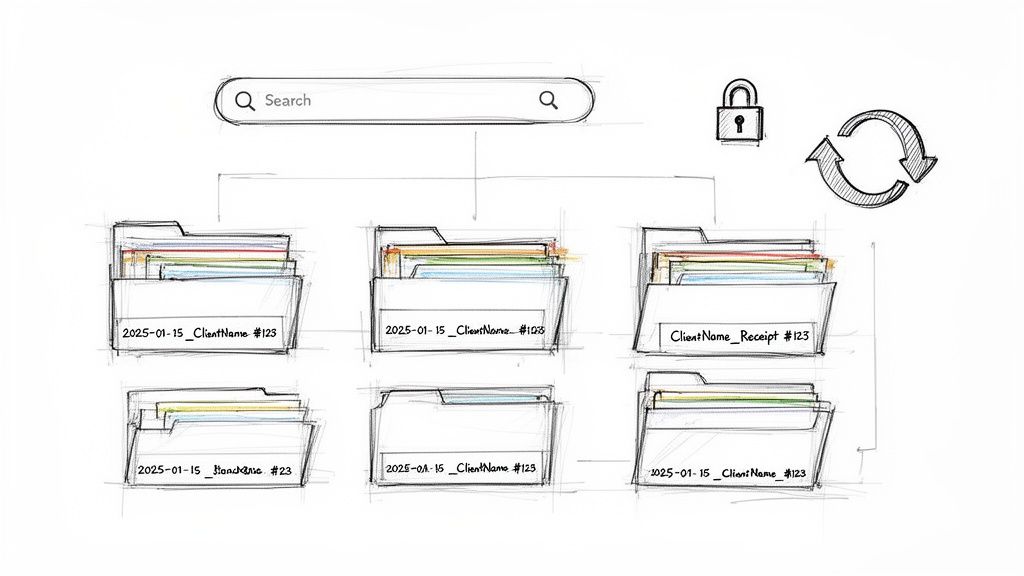 Sketch of a document management system with a search bar, folders, security, and refresh options.