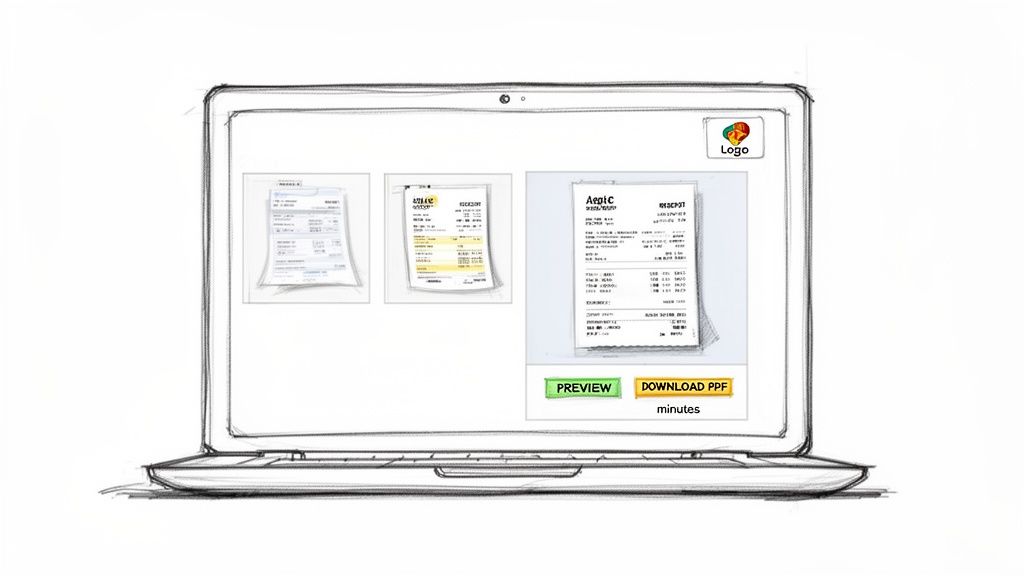A sketched laptop screen shows three digital receipts with preview and download PDF buttons.