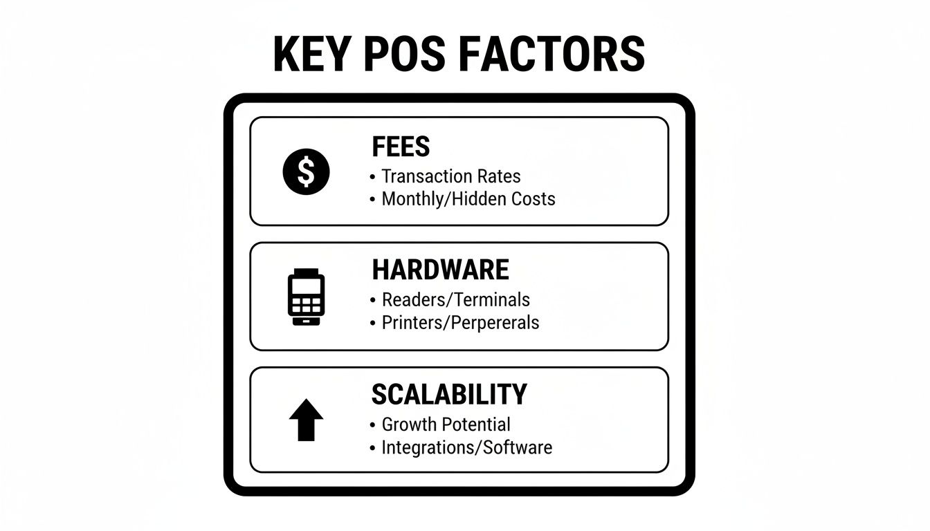 Diagram outlining key factors for Point of Sale (POS) systems, including fees, hardware, and scalability.