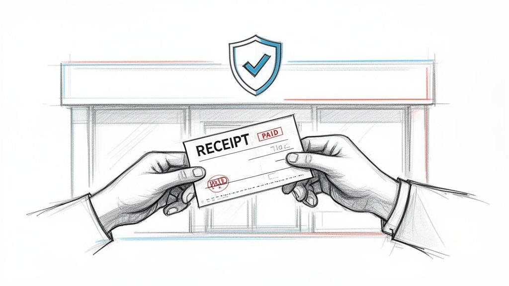 A sketch showing two hands exchanging a receipt marked 'PAID' with a shield and checkmark icon above.