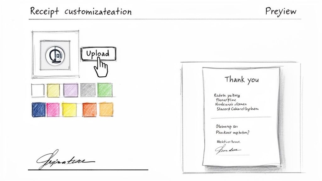 Receipt customization interface with logo upload, color options, signature, and a preview of a thank you receipt.