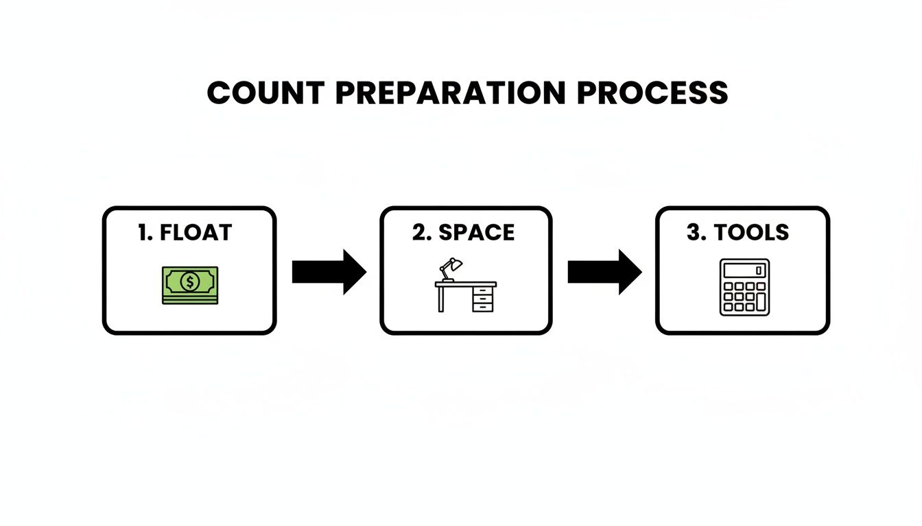 A three-step count preparation process flowchart showing float, space, and tools with icons.