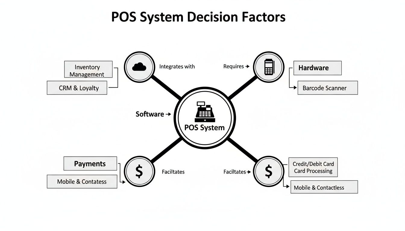 Diagram illustrating POS System Decision Factors, including software, hardware, and various payment options.