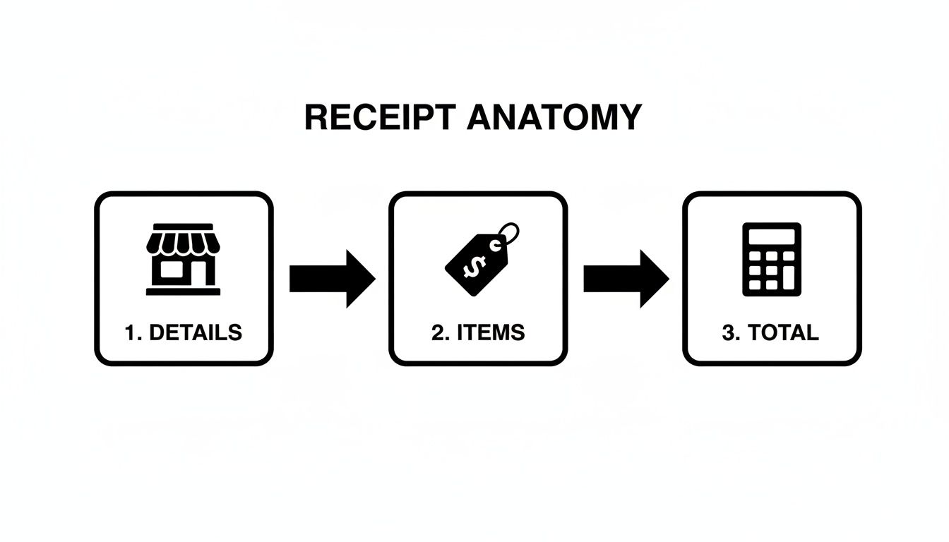 Diagram illustrating the anatomy of a receipt, showing details, items, and total sections.