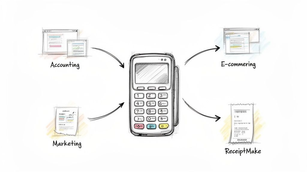 A sketch illustrating a point-of-sale terminal connecting to accounting, e-commerce, marketing, and receipt generation.