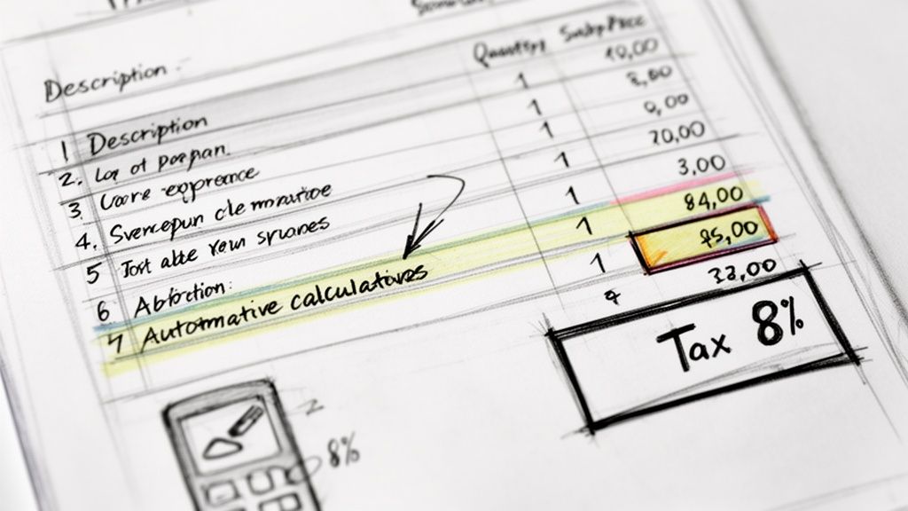 Close-up of a handwritten receipt or invoice draft showing item descriptions, prices, and a 'Tax 8%' section.