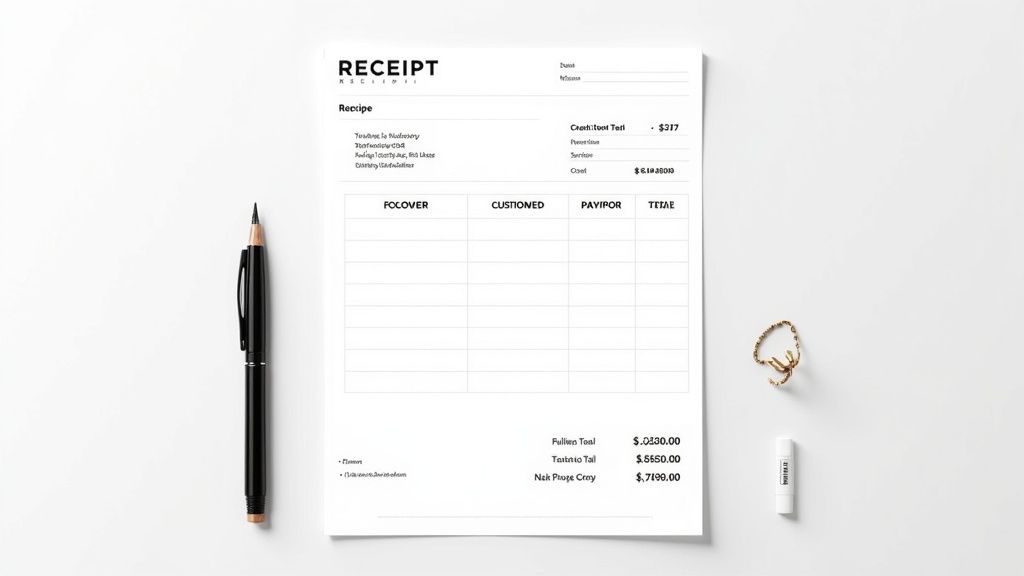 A visually appealing and well-organized itemized receipt template is displayed on a laptop screen