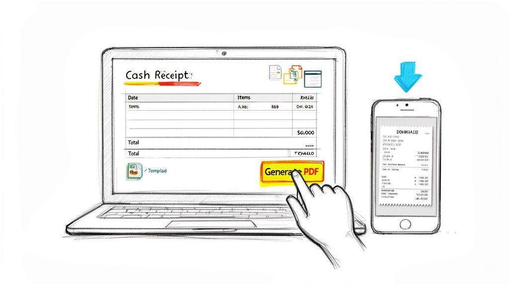A sketch showing a laptop with a cash receipt template, a hand clicking 'Generate PDF', and a smartphone displaying the downloaded receipt.