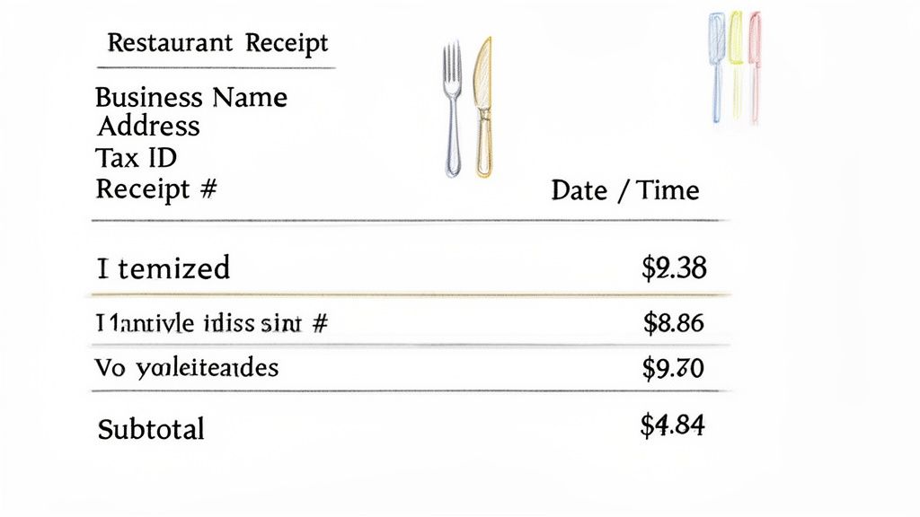 A partially filled restaurant receipt form with itemized food details and pricing.