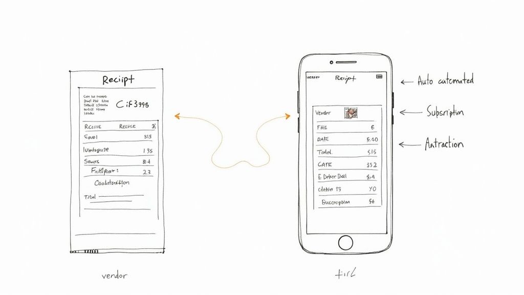 Automated system analyzing a receipt with data points highlighted