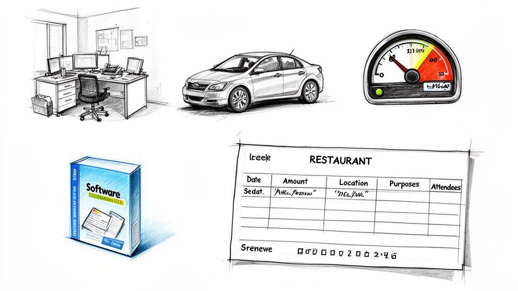 A diverse sketch collage featuring an office workspace, a car, a speedometer, software packaging, and an expense form.