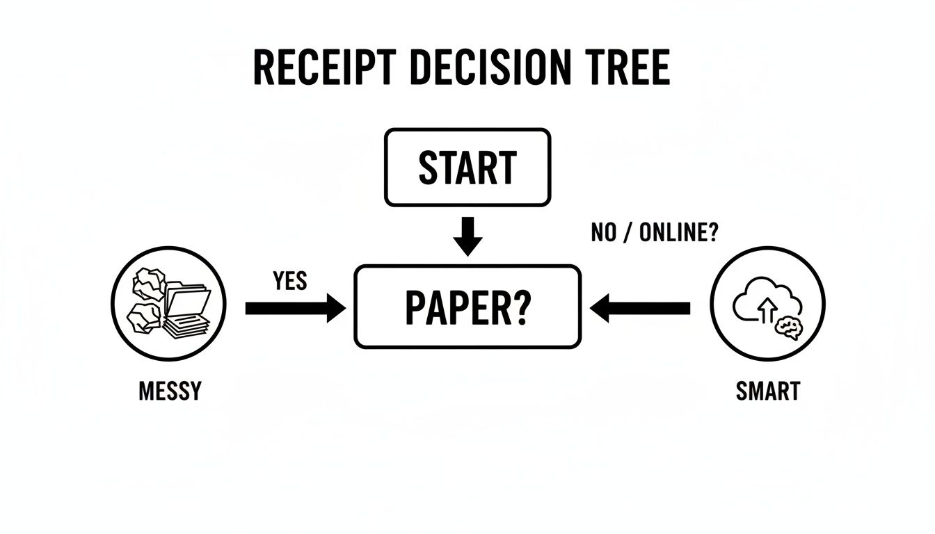 A receipt decision tree flowchart illustrates the choice between messy paper receipts and smart online methods.