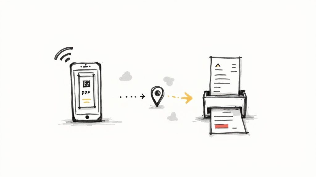 Smartphone with PDF document wirelessly sending file through cloud to printer for receipt printing