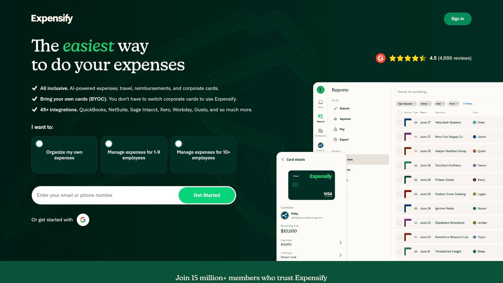 Expensify receipt scanning and expense tracking interface