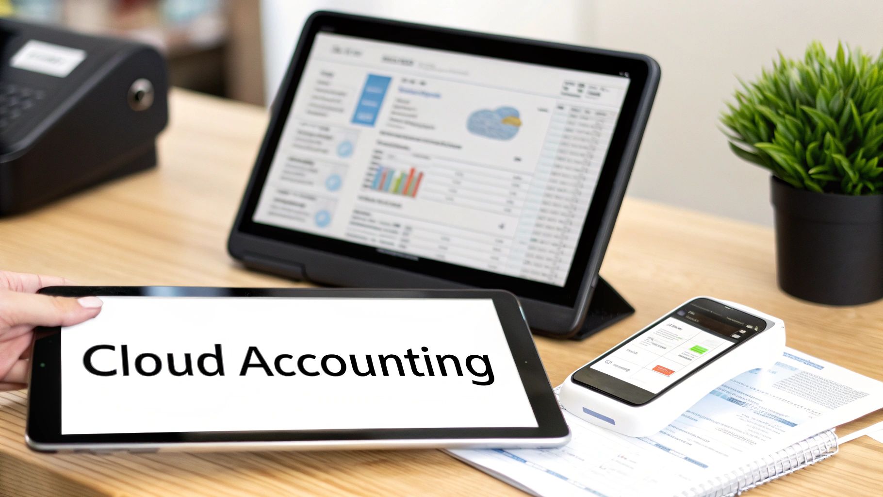 A hand holds a tablet displaying 'Cloud Accounting', with another tablet showing financial dashboards and a payment terminal on a desk.