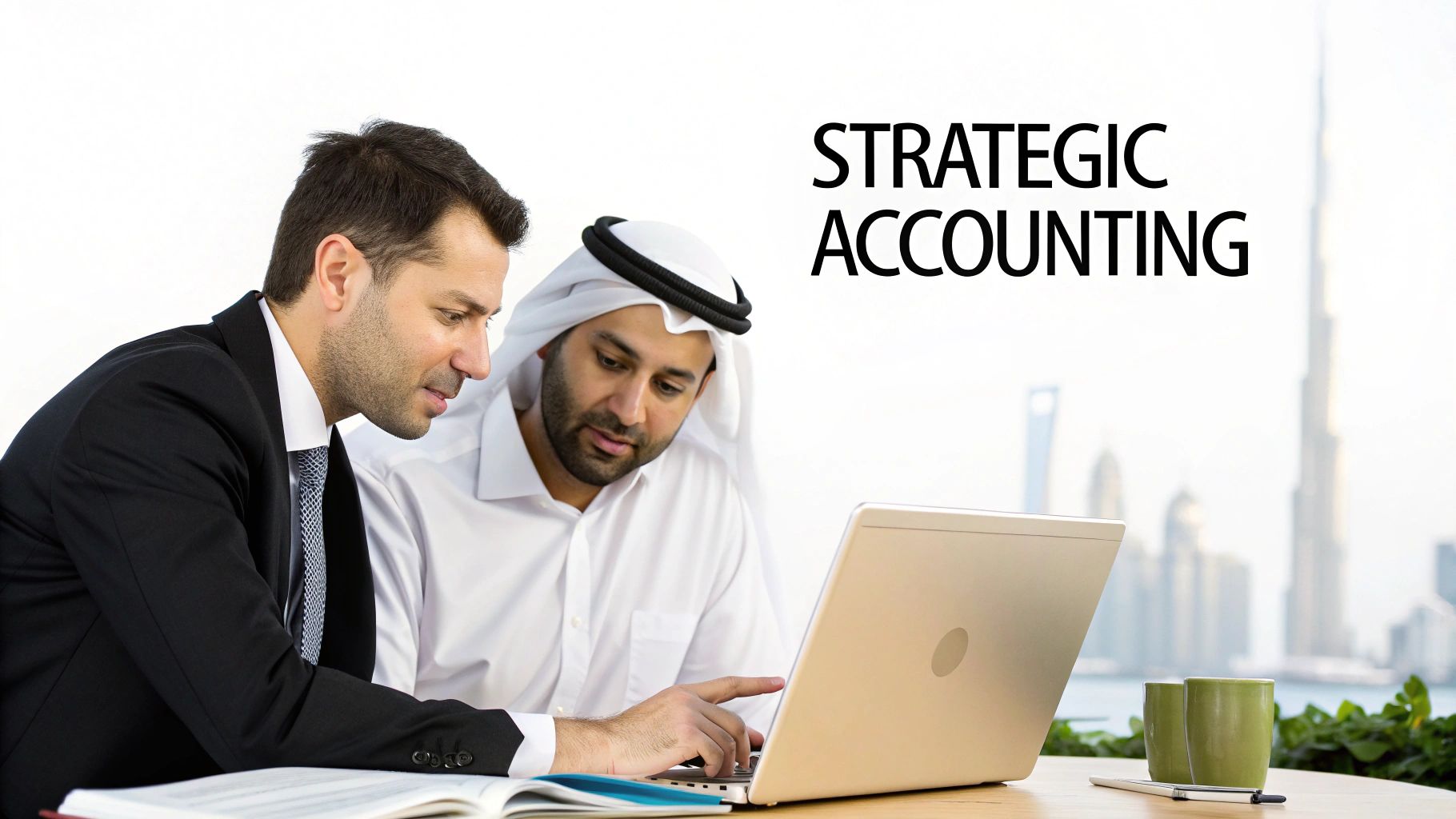 Two diverse businessmen, one in a suit and one in traditional attire, discuss on a laptop with 'Strategic Accounting' text.