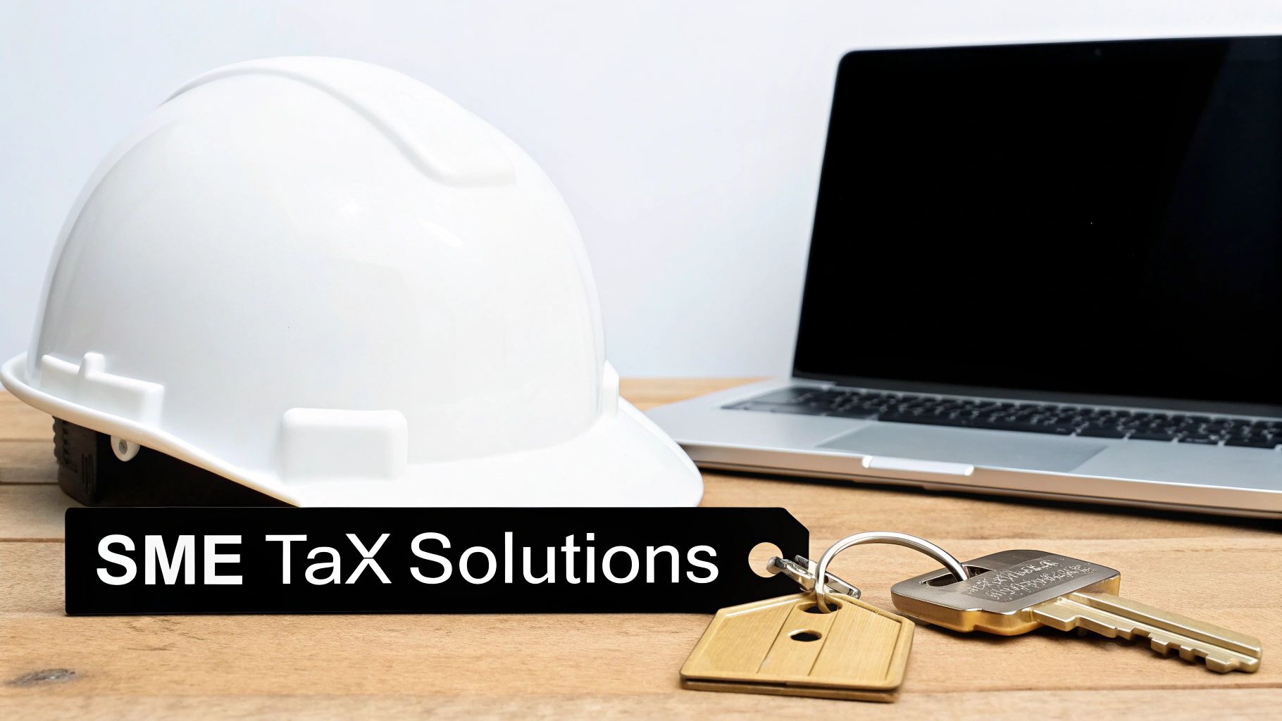 A white hard hat, laptop, and key with a tag saying 'SME TaX Solutions' on a wooden desk.