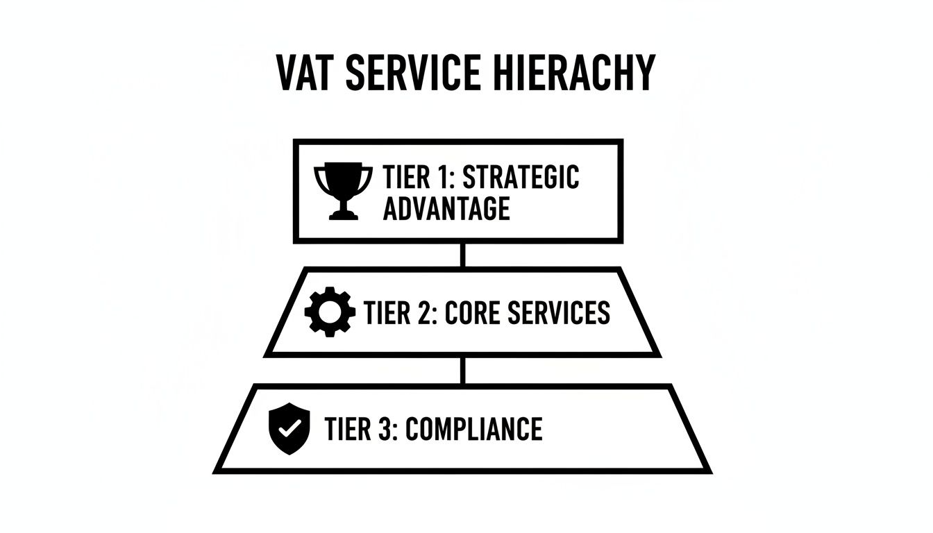 A diagram illustrating the VAT service hierarchy with three tiers: Strategic Advantage, Core Services, and Compliance.