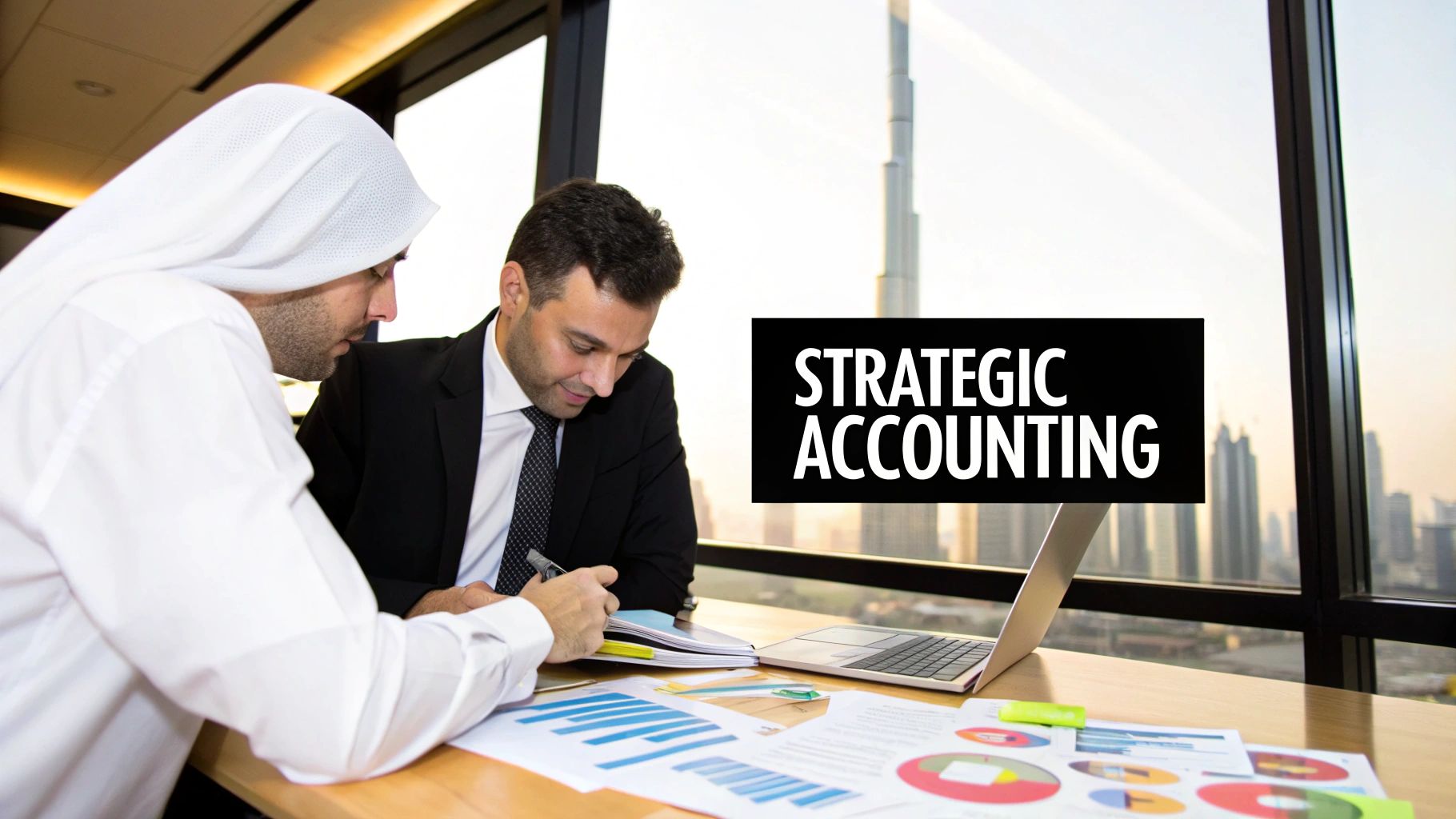 A group of professionals in a modern Dubai office discussing financial charts and data on a large screen.