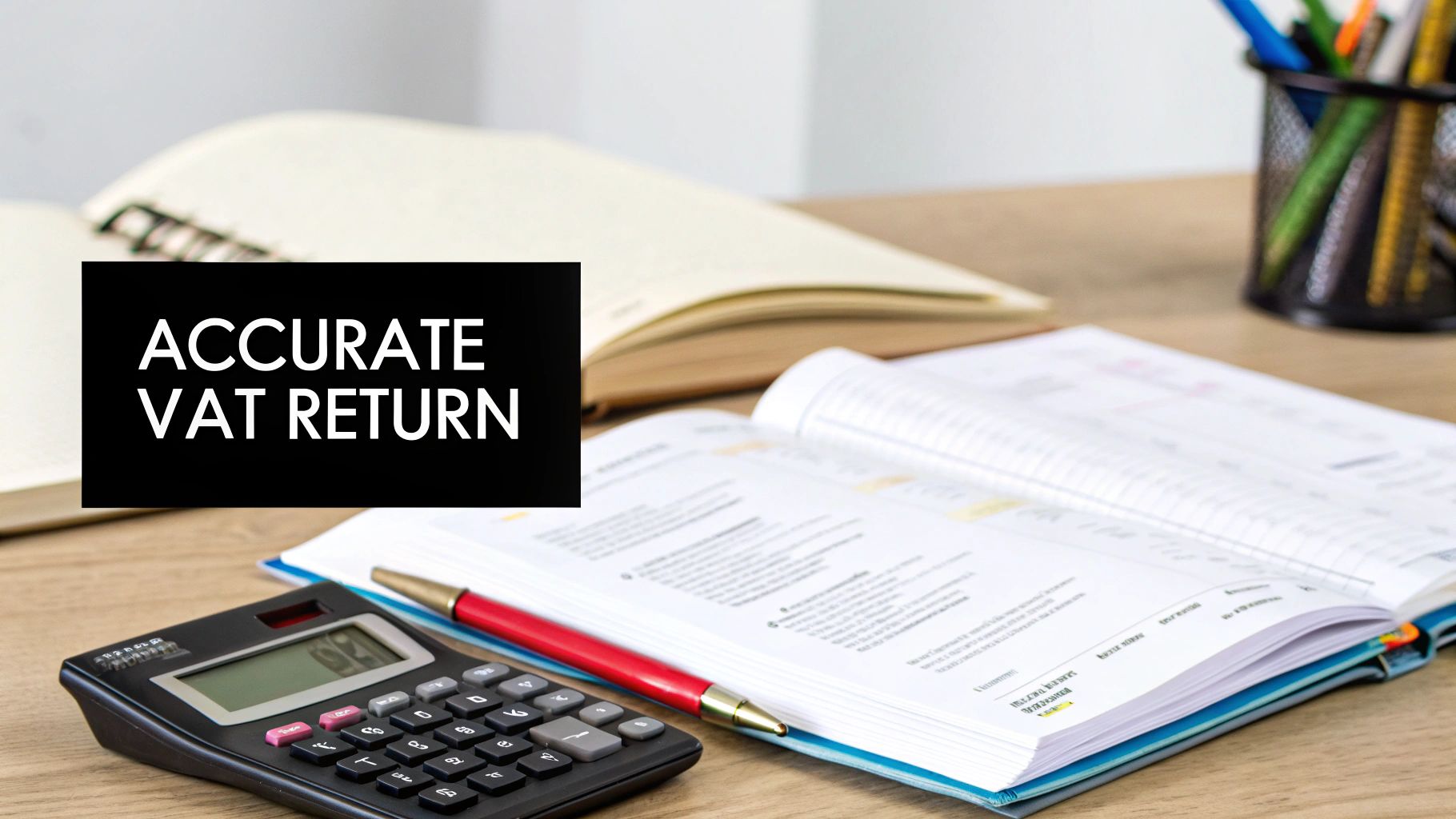 A calculator, red pen, and open notebooks on a wooden desk with a black sign stating 'ACCURATE VAT RETURN'.