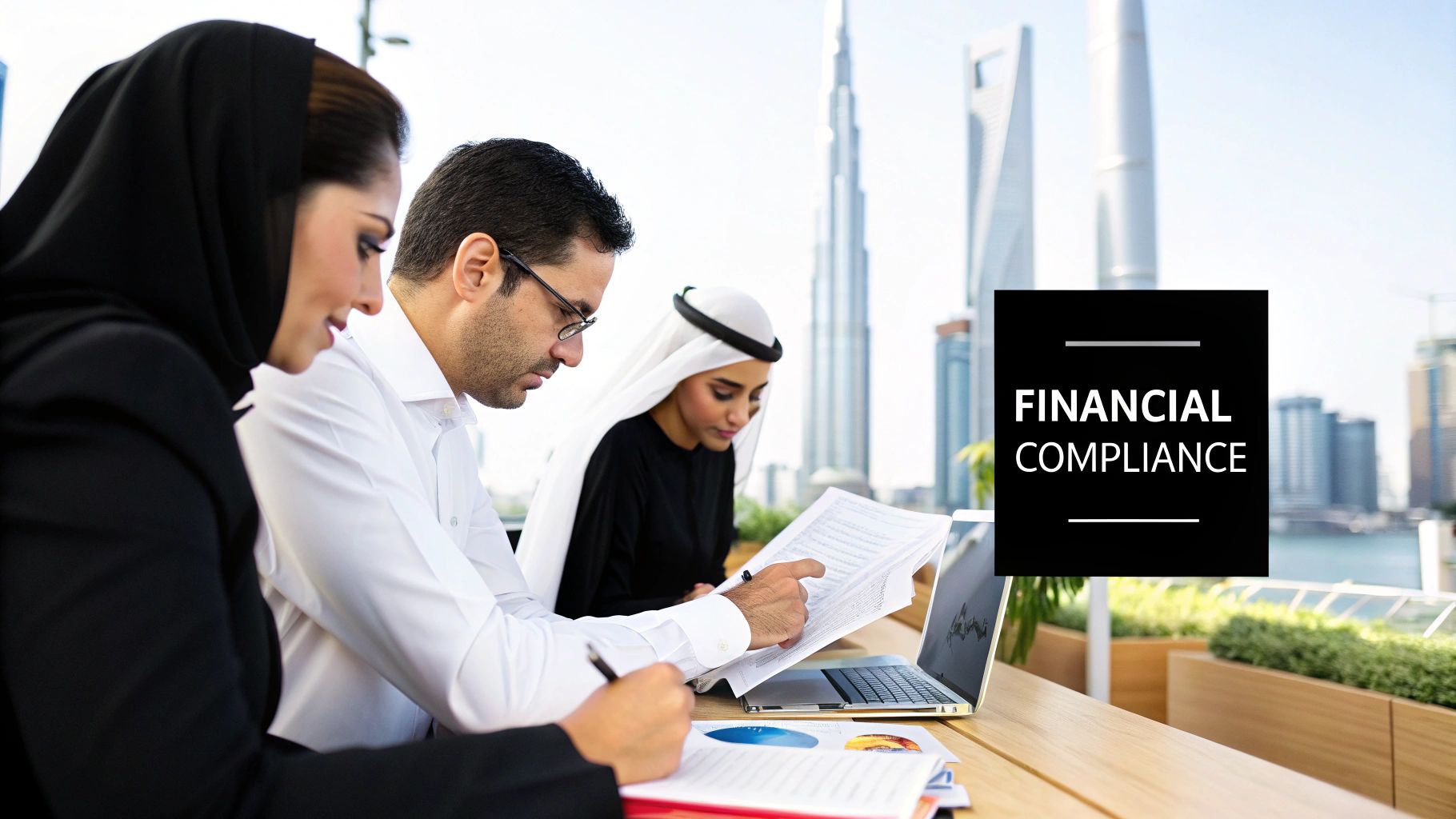 A professional discussing financial charts with a client in a modern office setting, representing expert accounting services in the UAE