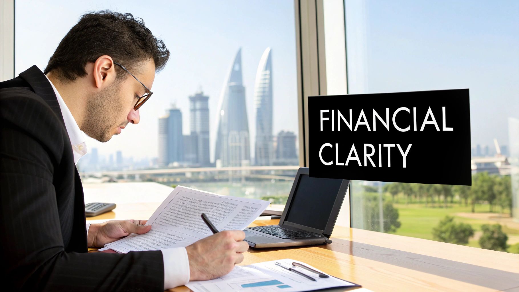 Businessman analyzing financial documents at a desk in an office with city view and 'Financial Clarity' text.