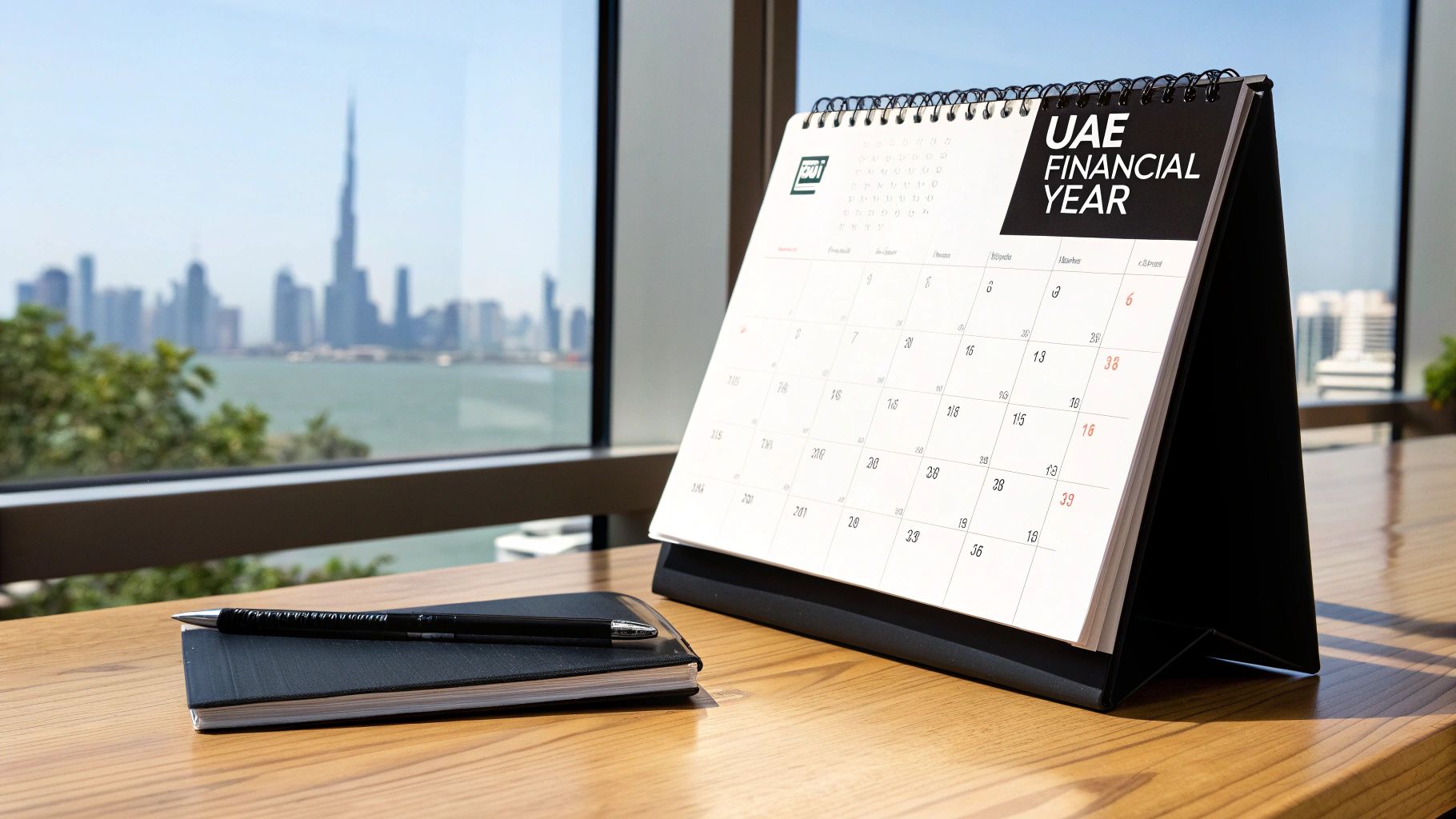 Desk calendar with 'UAE FINANCIAL YEAR' text, a pen, notebook, and blurred city skyline.