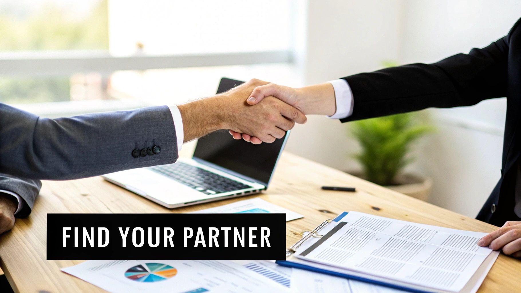 Two business partners shaking hands across a desk with a laptop and documents, symbolizing agreement.