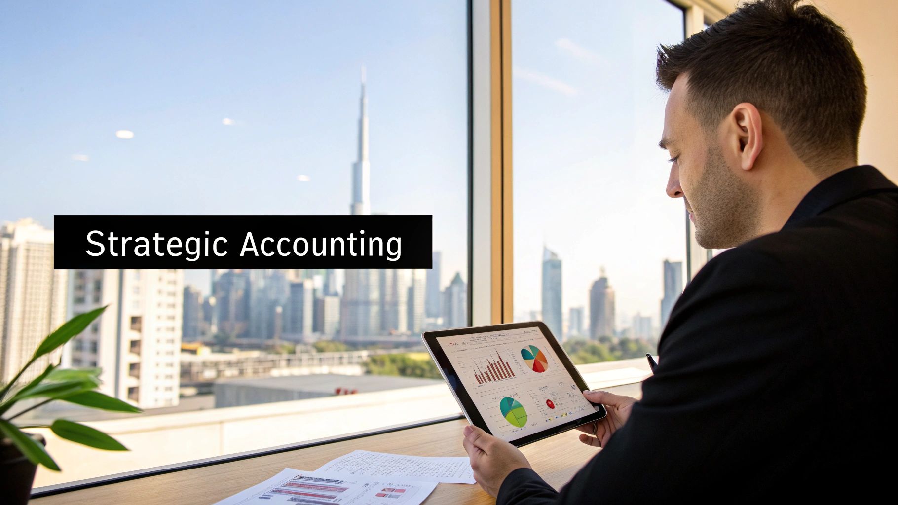 Business team reviewing financial documents in a modern Dubai office