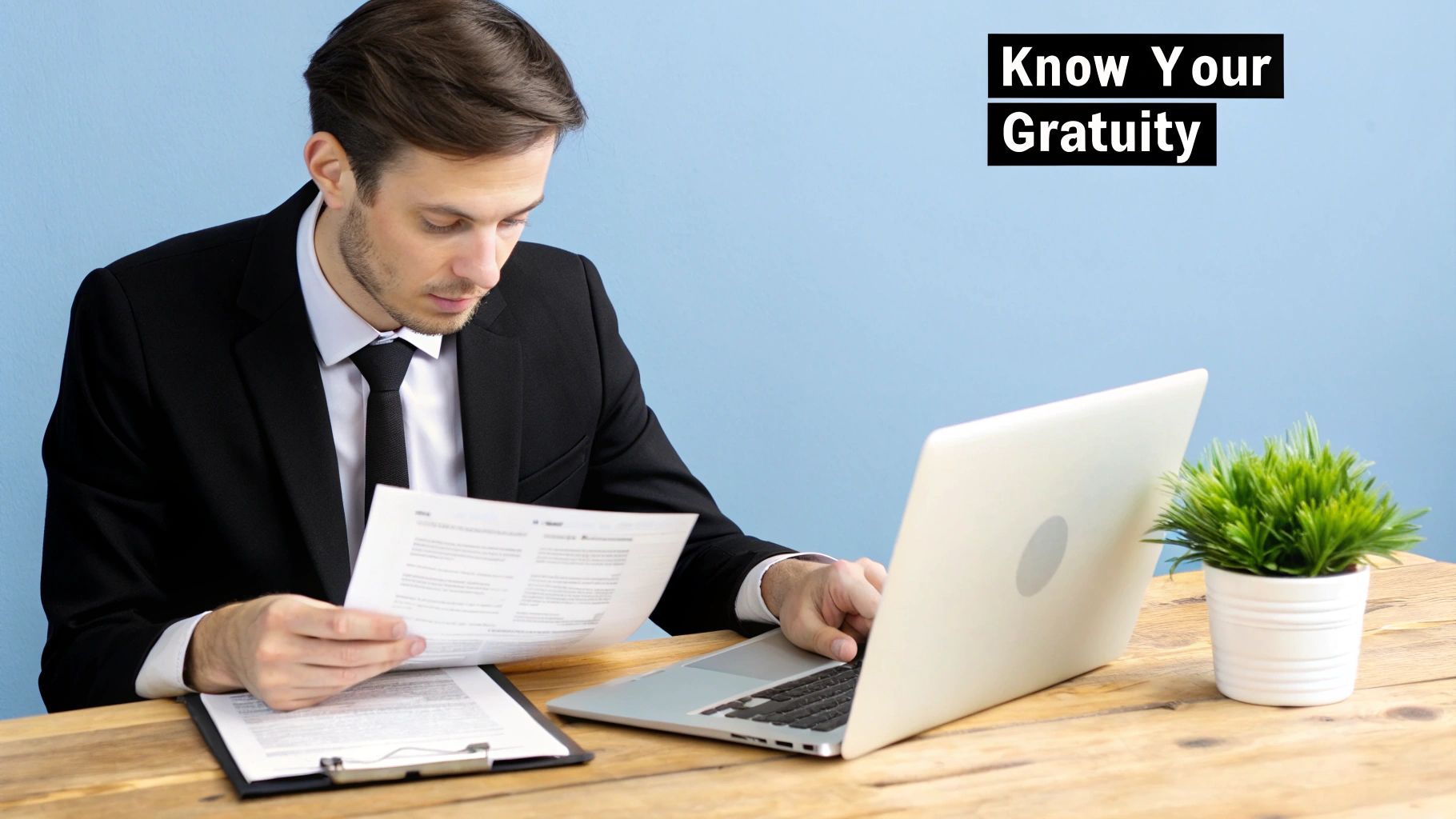 A professional man in a suit reviews documents and uses a laptop, with "Know Your Gratuity" overlay.