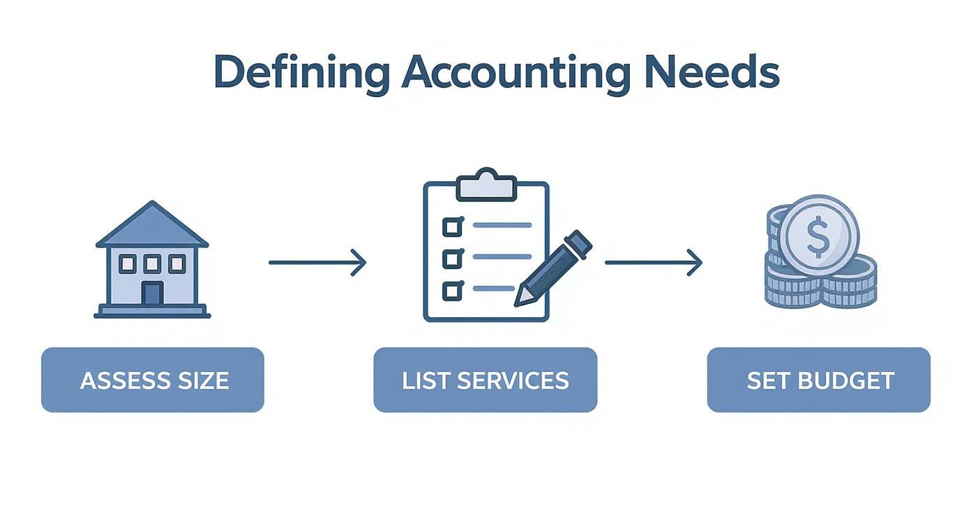 Infographic showing the process of defining accounting needs: Assess Size, List Services, and Set Budget