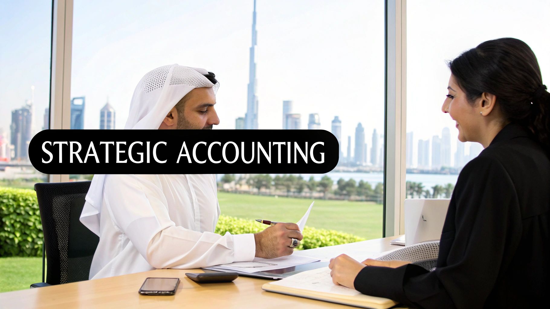 Two professionals discussing strategic accounting in a modern office overlooking the Dubai skyline.