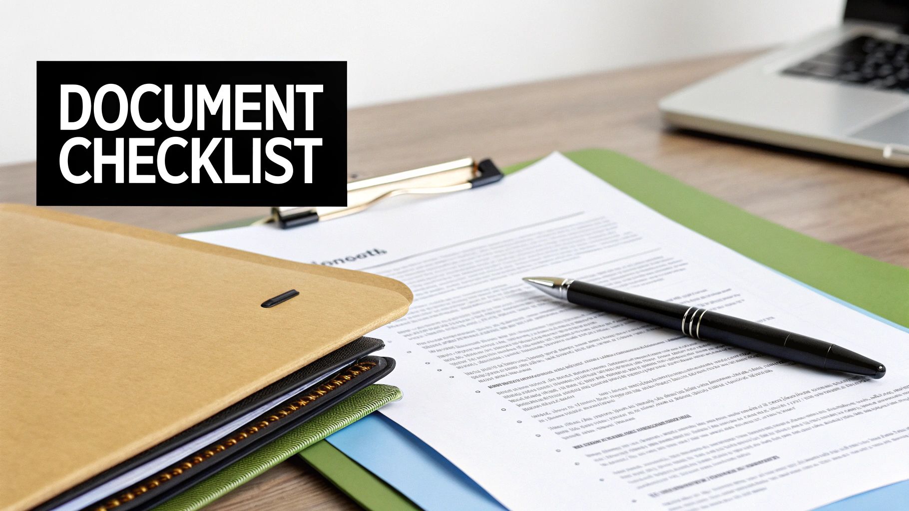 A black box with "DOCUMENT CHECKLIST" text on a wooden desk with documents and a pen.