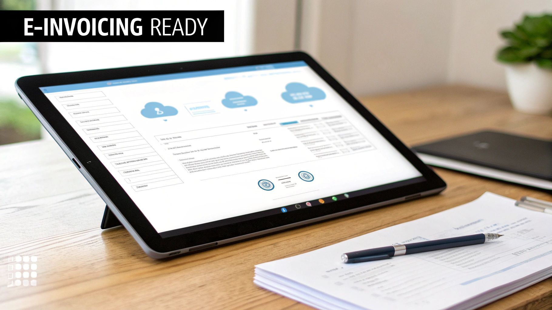 A tablet displaying an e-invoicing application on a wooden desk, surrounded by office documents and a pen.
