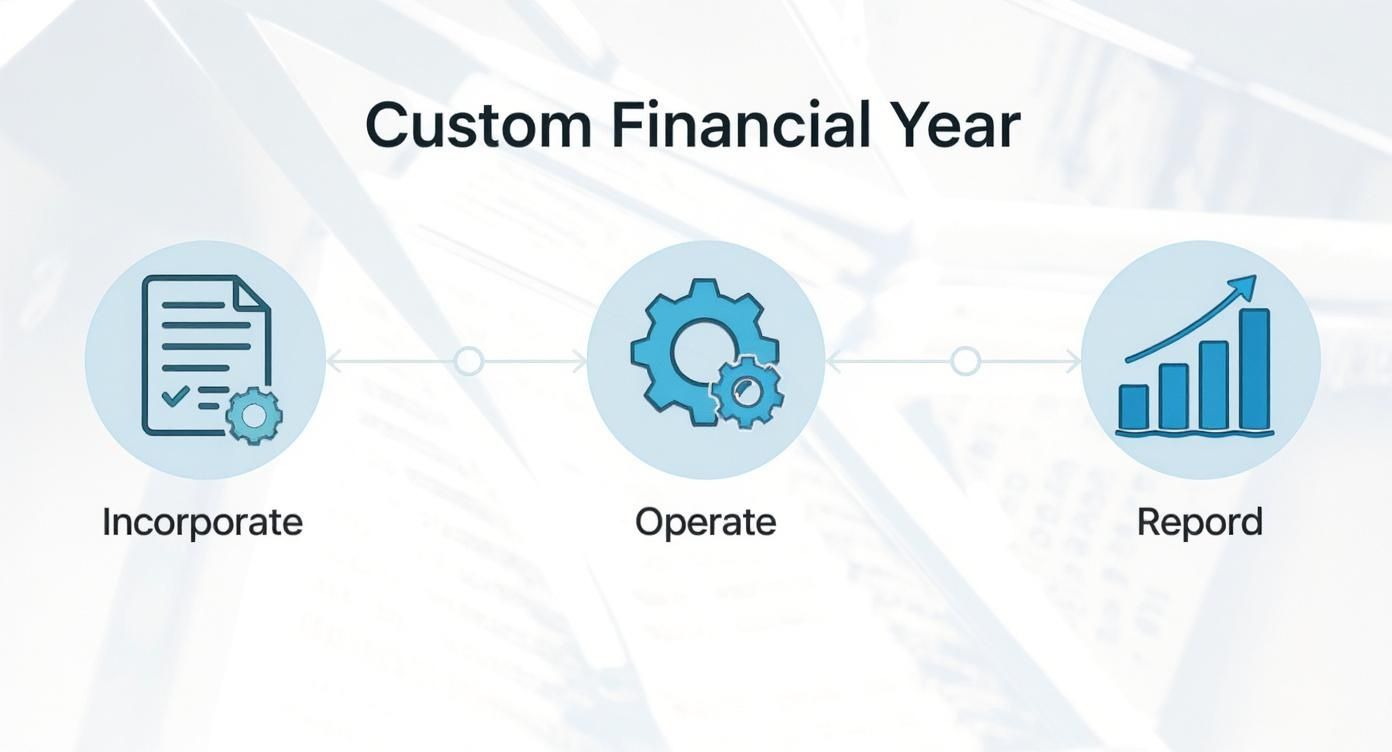 Diagram illustrating the three-step process for a custom financial year: Incorporate, Operate, and Report.