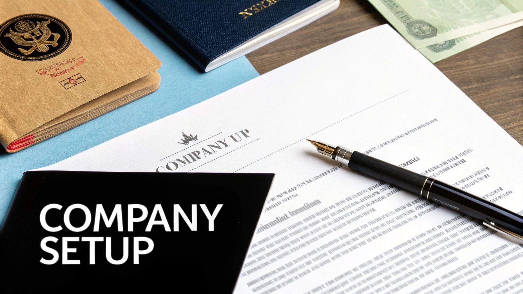 Close-up of business documents, a pen, and a card displaying 'COMPANY SETUP' on a desk.