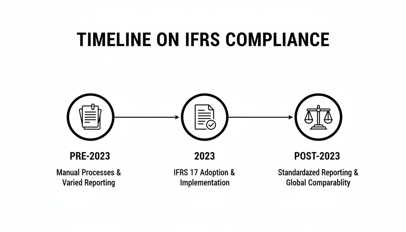 Timeline of IFRS compliance progress, detailing pre-2023 manual reporting to post-2023 global comparability.