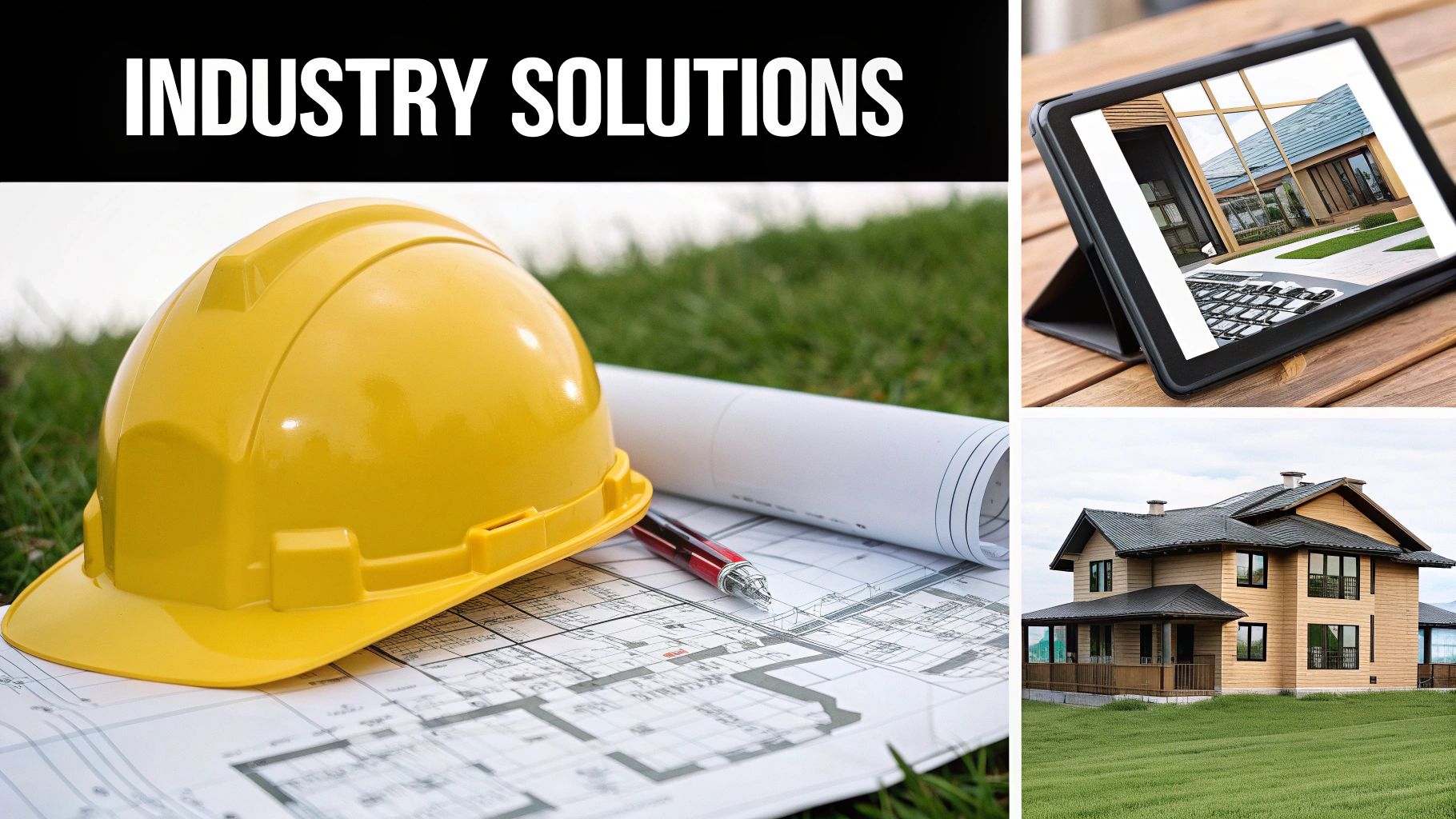 Yellow hard hat, blueprints, and digital house designs on a tablet, showcasing construction industry solutions.