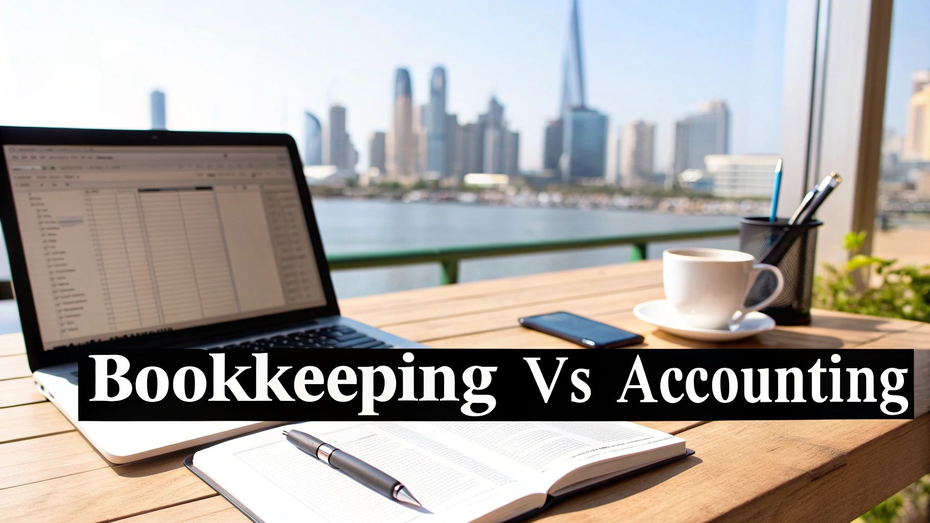 A workspace with laptop, coffee, and book on a wooden table, overlooking a city skyline, with 'Bookkeeping Vs Accounting' text.