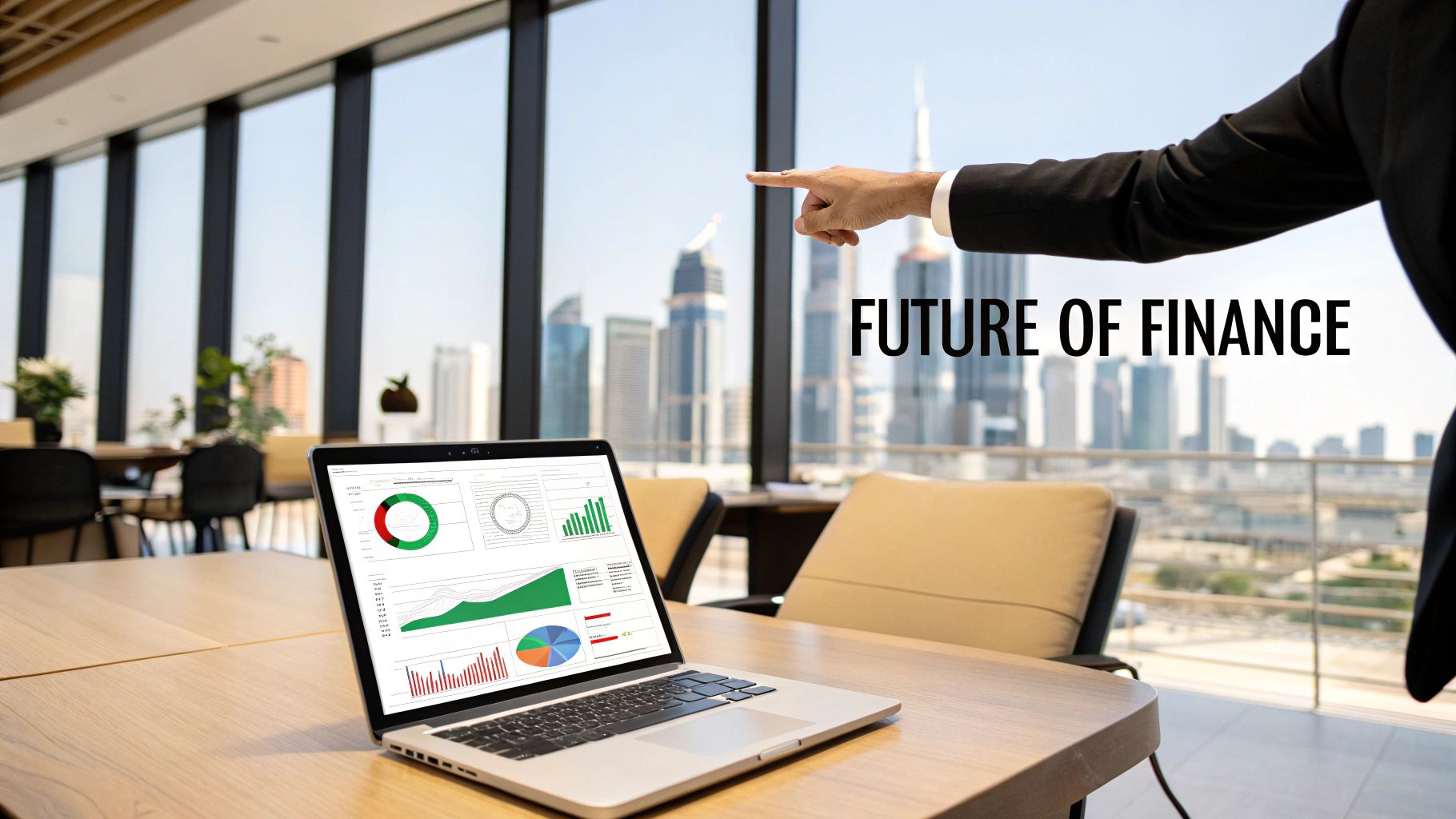 Laptop with financial charts on a desk, a hand pointing to a city skyline, and 'FUTURE OF FINANCE' text.