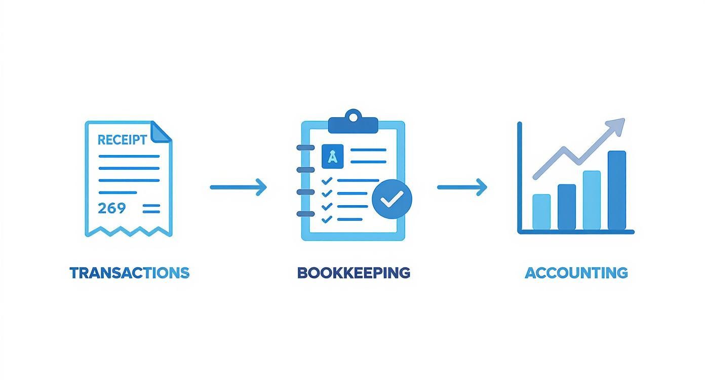 Workflow diagram showing transactions receipt, bookkeeping checklist, and accounting growth chart in blue
