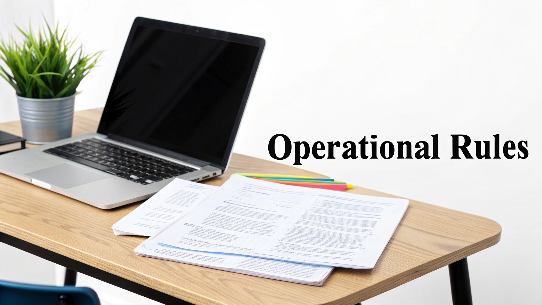 A modern office desk setup with a laptop, potted plant, and a stack of papers with text 'Operational Rules'.