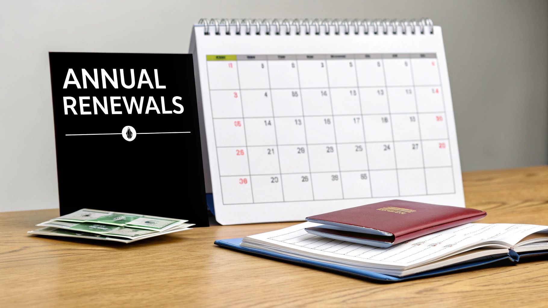 A desk with an 'ANNUAL RENEWALS' sign, a calendar, money, and notebooks.
