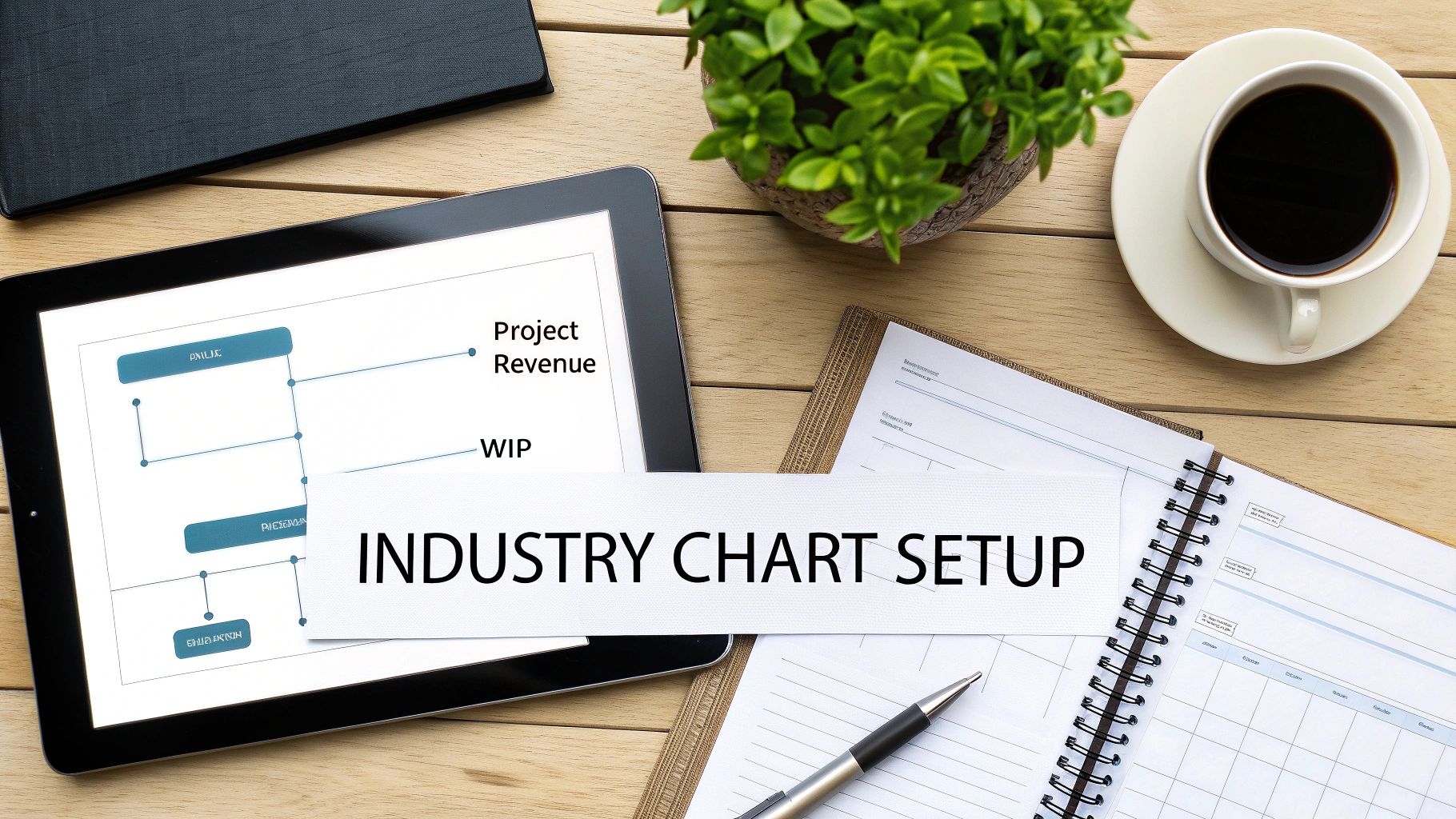 A flat lay of a business setup: tablet displaying a chart, notepad, coffee, and 'INDUSTRY CHART SETUP' text.