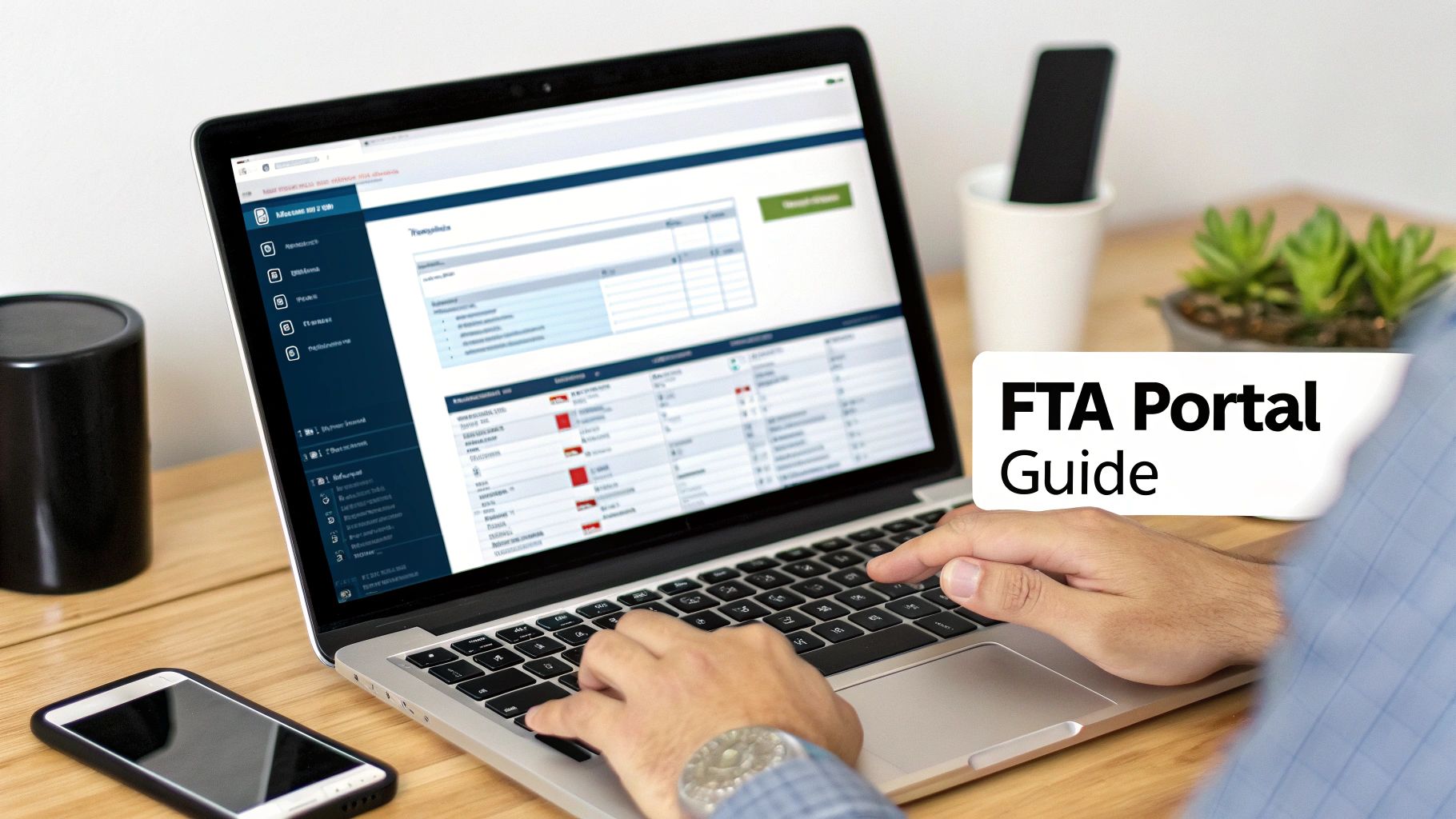 A person typing on a laptop, using an 'FTA Portal Guide' with a smartphone nearby.