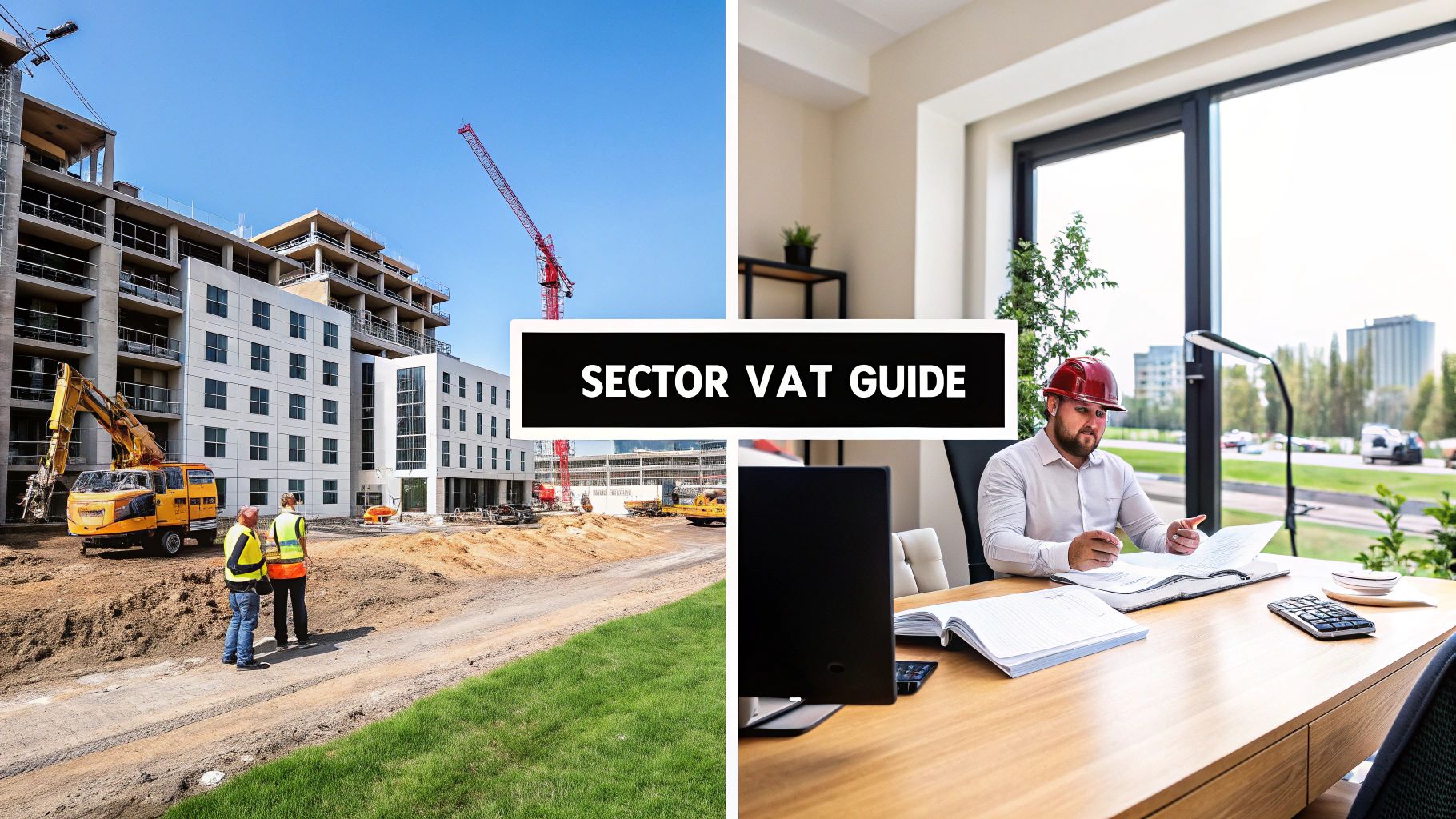 Split image showing a construction site on the left and an office worker reviewing documents on the right, with 'SECTOR VAT GUIDE' text.