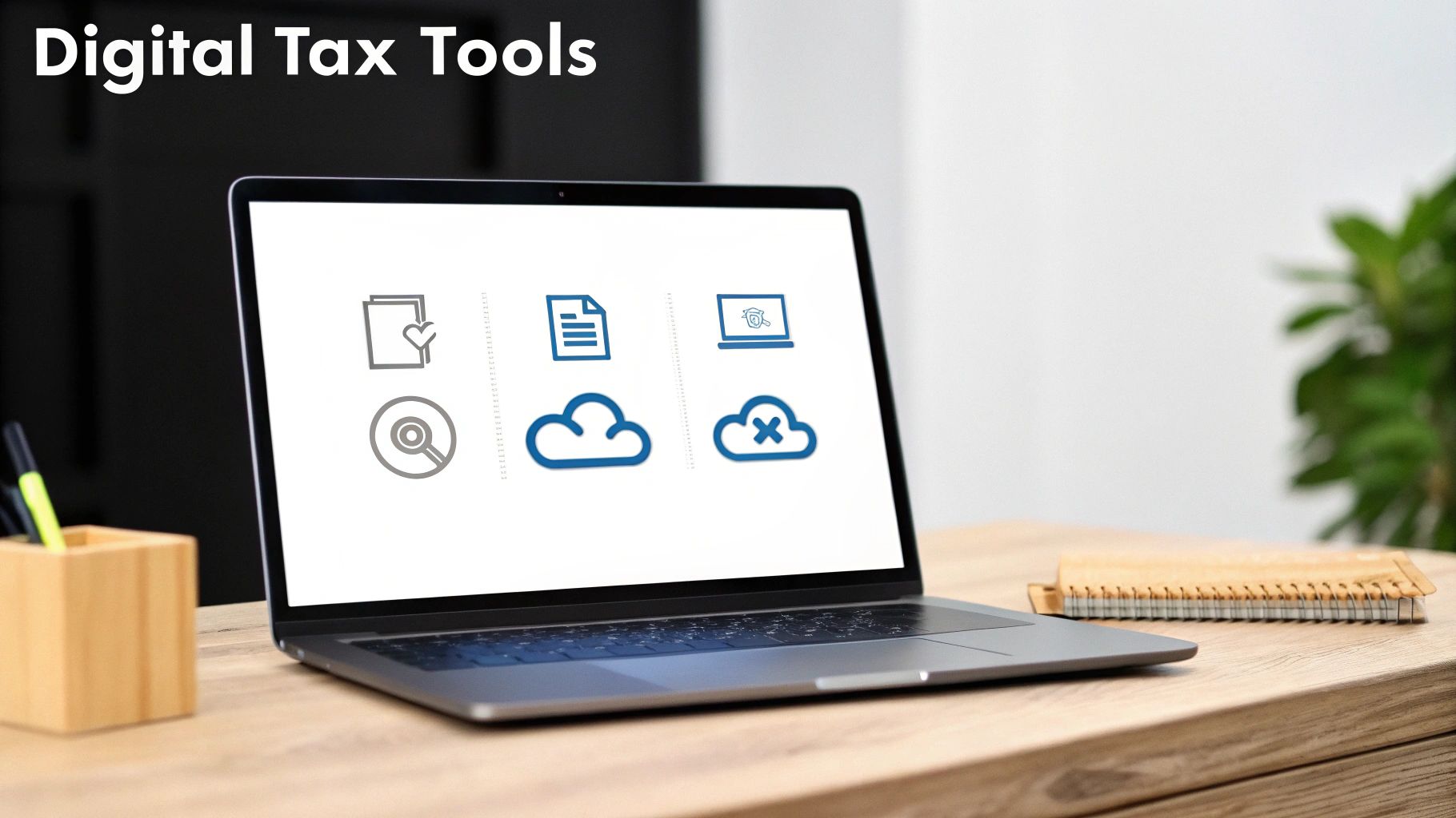 A laptop displaying various icons representing digital tax tools, placed on a wooden desk.
