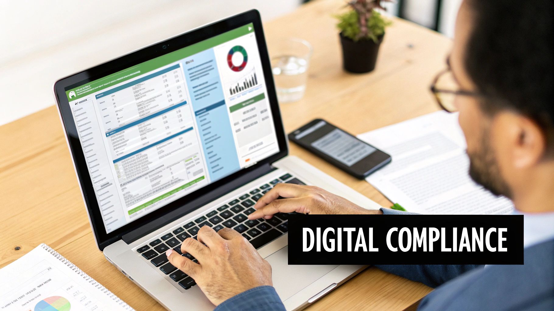 A person is typing on a laptop, managing data and charts for digital compliance.