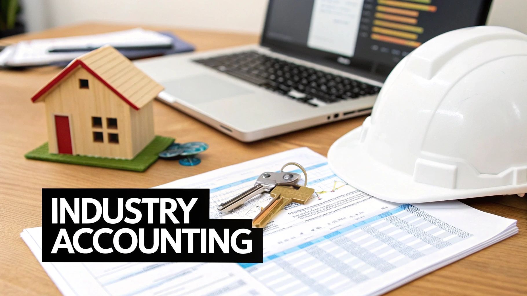 A desk with a model house, keys, a hard hat, laptop, and accounting documents related to industry.