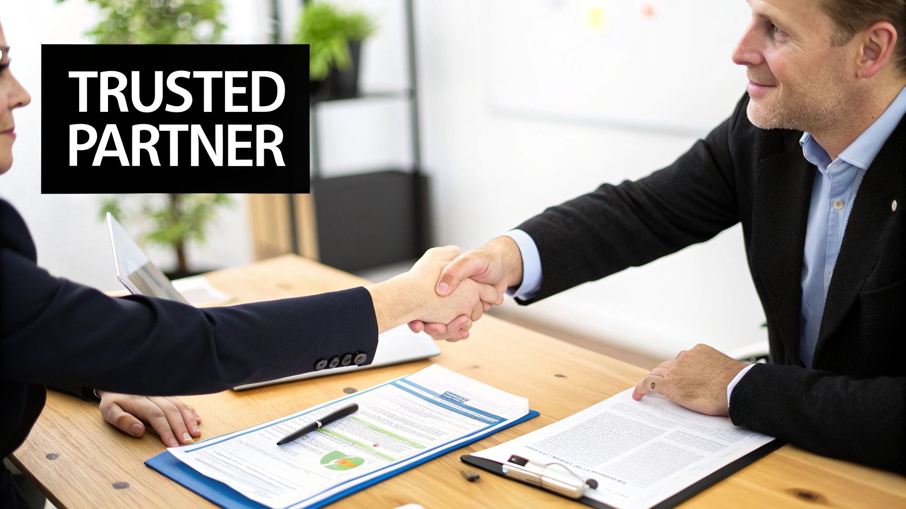 A business owner shaking hands with an accountant across a desk in a modern Dubai office.
